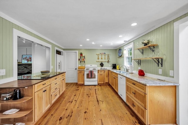 274 Morton Rd, Chatham, MA 02659 - kitchen with open shelves, white appliances, crown molding, a sink, and light wood-style flooring