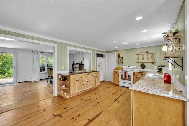 274 Morton Rd, Chatham, MA 02659 - kitchen featuring white appliances, open shelves, ornamental molding, light wood-style flooring, and light brown cabinets