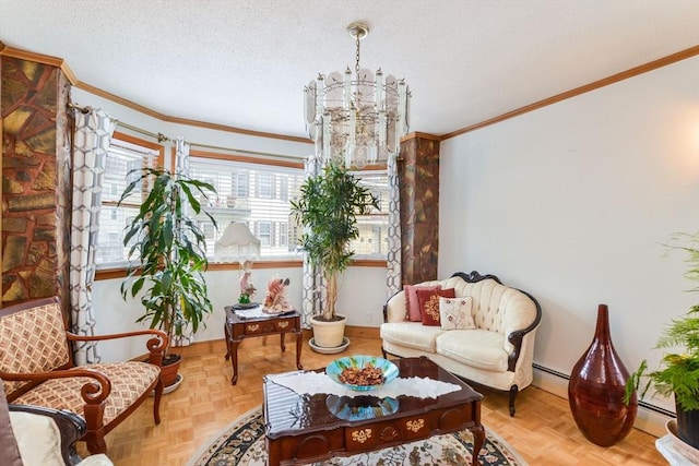 sitting room featuring parquet flooring, a baseboard heating unit, crown molding, a textured ceiling, and an inviting chandelier