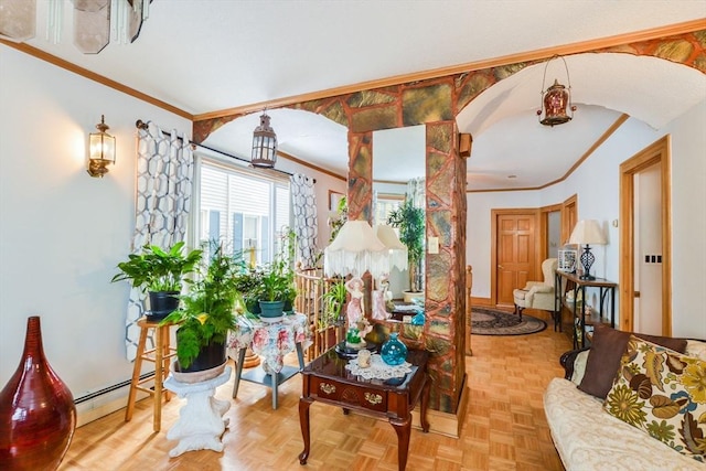 living room featuring parquet floors, crown molding, and a baseboard heating unit