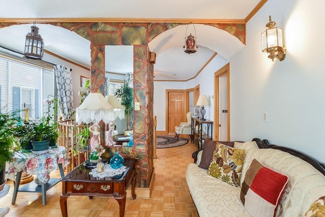 living room featuring light parquet flooring and crown molding