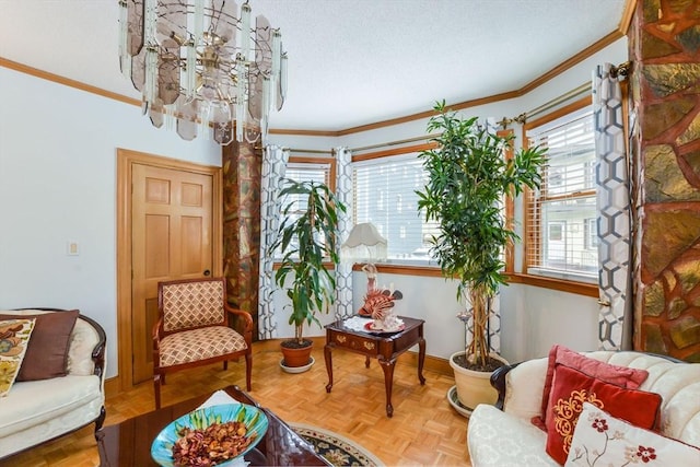 sitting room with an inviting chandelier, crown molding, parquet flooring, and a textured ceiling