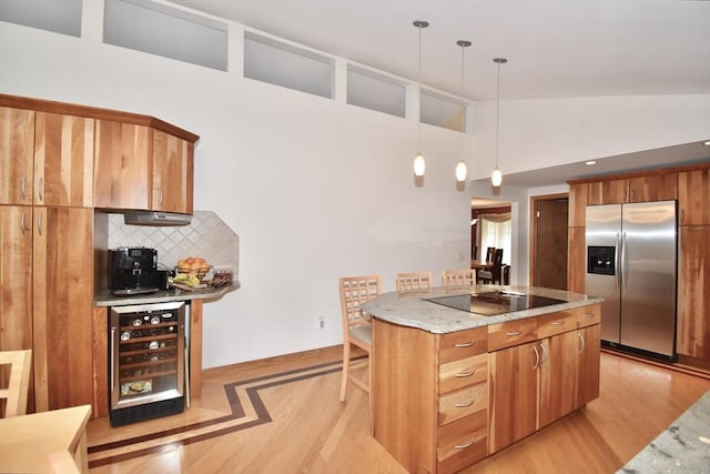 166 Primrose Dr, Longmeadow, MA 01106 - kitchen with stainless steel fridge with ice dispenser, wine cooler, black electric stovetop, light wood-style floors, and high vaulted ceiling