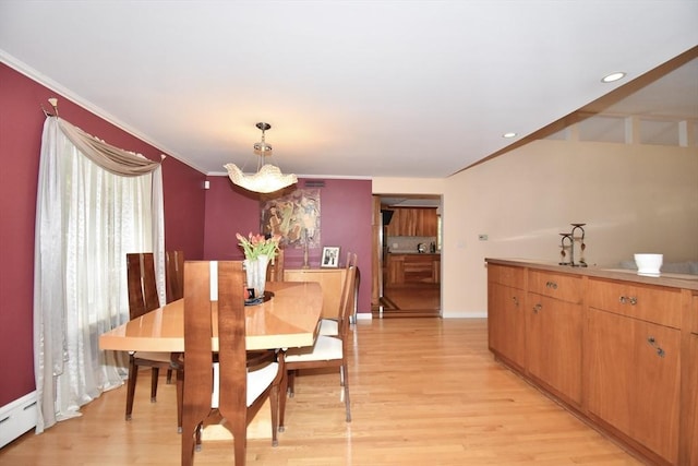 166 Primrose Dr, Longmeadow, MA 01106 - dining area with ornamental molding, light wood-style flooring, baseboard heating, recessed lighting, and a chandelier