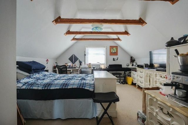 bedroom with carpet flooring and vaulted ceiling with beams