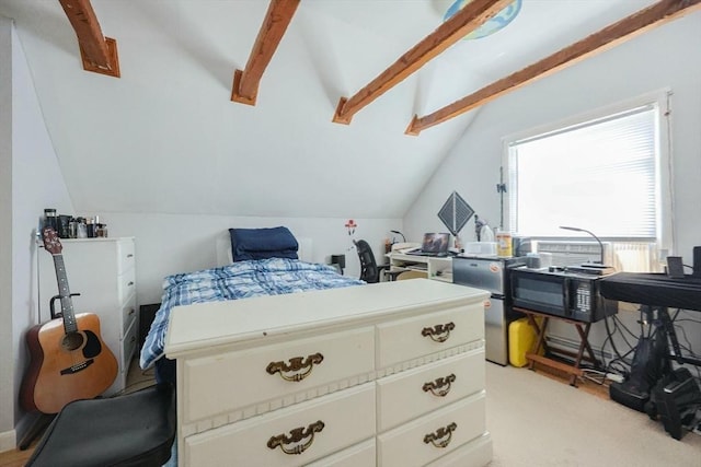 bedroom with vaulted ceiling with beams and light colored carpet