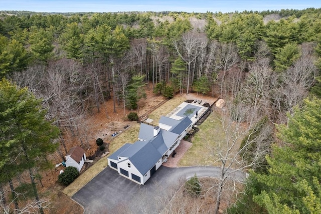 drone / aerial view with a wooded view