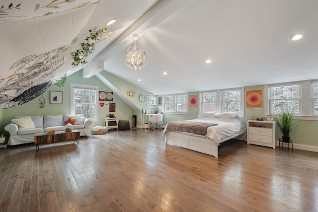bedroom featuring lofted ceiling with beams, wood-type flooring, baseboards, and a notable chandelier