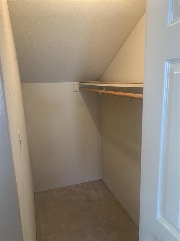 spacious closet featuring carpet flooring and vaulted ceiling