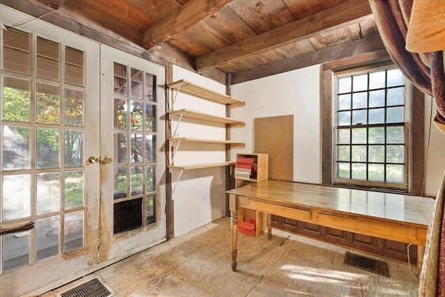 100 Center St, Dennis, MA 02660 - unfurnished office featuring wood ceiling with exposed beams, french doors, and wood finished floors