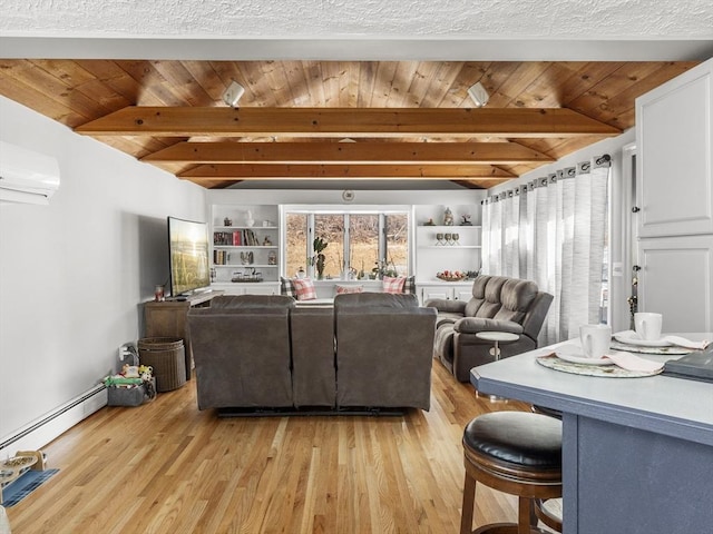 living room featuring wooden ceiling, an AC wall unit, light wood-type flooring, lofted ceiling with beams, and built in features