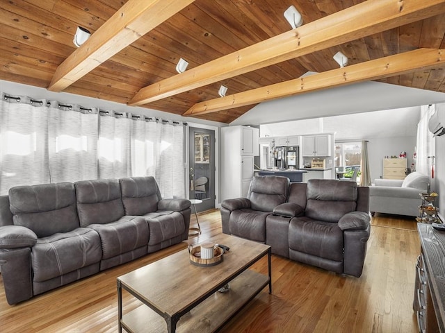 living room featuring a wall mounted air conditioner, light hardwood / wood-style flooring, wooden ceiling, and lofted ceiling with beams