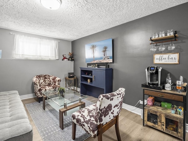 living room featuring a textured ceiling and wood-type flooring