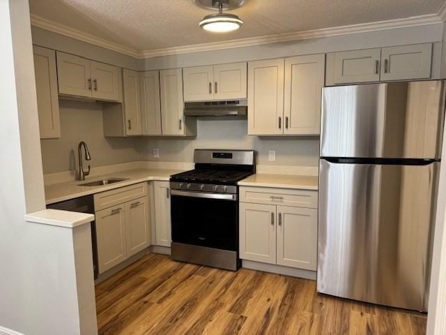 305 Pine St Unit 18, Lowell, MA 01851 - kitchen featuring a sink, under cabinet range hood, light wood finished floors, light countertops, and appliances with stainless steel finishes