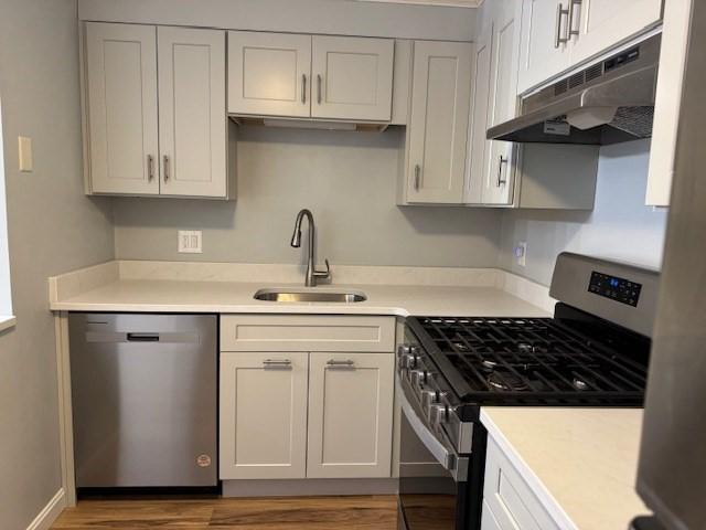 305 Pine St Unit 18, Lowell, MA 01851 - kitchen with under cabinet range hood, stainless steel appliances, a sink, and light countertops