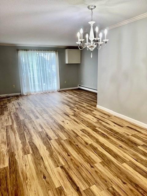 305 Pine St Unit 18, Lowell, MA 01851 - empty room with a baseboard radiator, ornamental molding, a notable chandelier, and wood finished floors