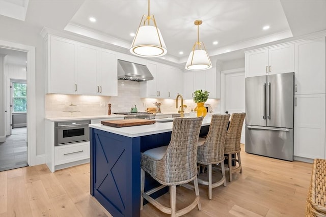 kitchen with a tray ceiling, stainless steel appliances, wall chimney exhaust hood, and light wood-style flooring