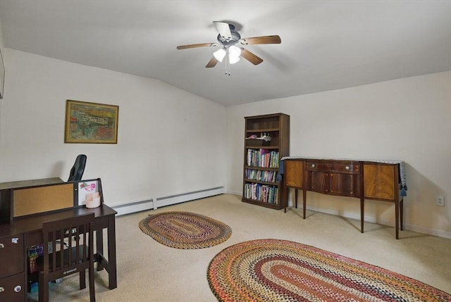 130 Franklin St, Milford, NH 03055 - carpeted home office with baseboard heating, a ceiling fan, lofted ceiling, and baseboards