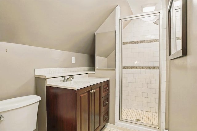 130 Franklin St, Milford, NH 03055 - bathroom with a stall shower, vanity, vaulted ceiling, and toilet