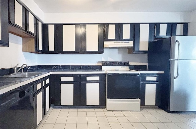 kitchen with black dishwasher, sink, stainless steel fridge, light tile patterned floors, and electric range