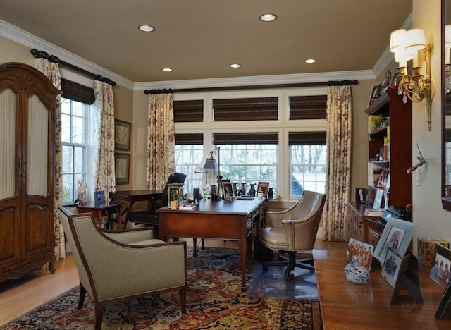 office space featuring wood-type flooring and ornamental molding