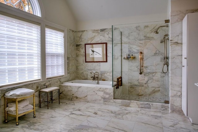 bathroom with independent shower and bath and vaulted ceiling