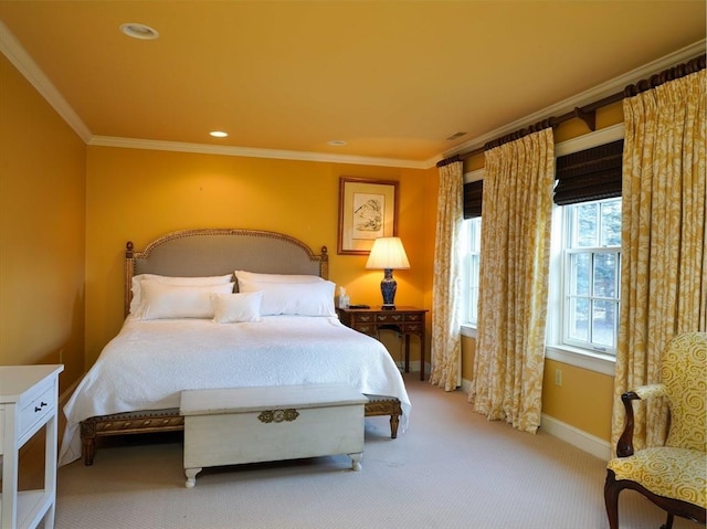 bedroom with carpet and ornamental molding