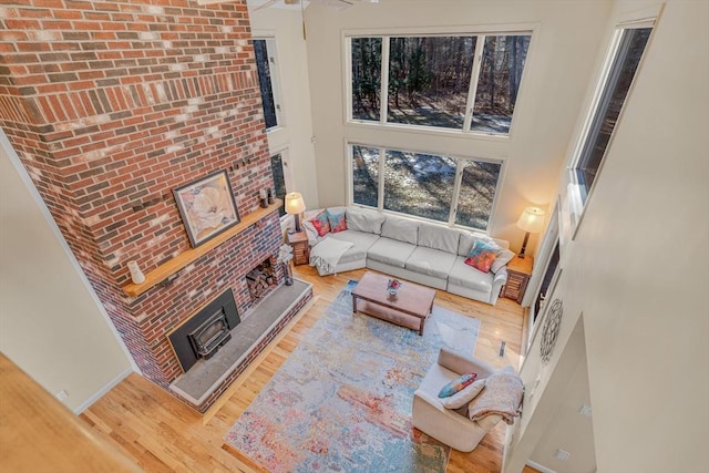 living area with baseboards, a high ceiling, and wood finished floors