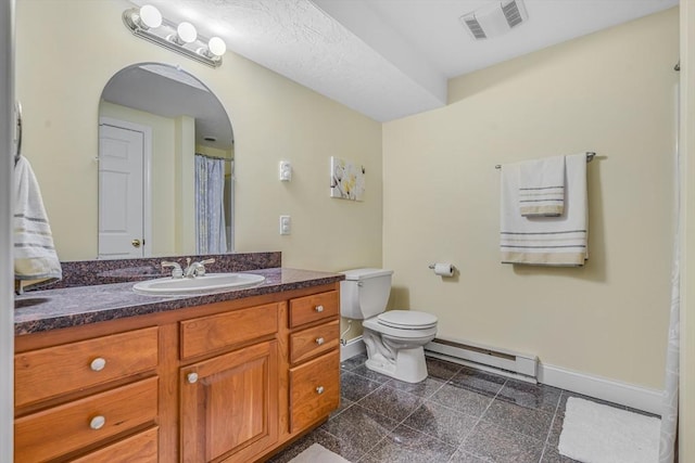 full bath featuring a baseboard heating unit, granite finish floor, visible vents, and baseboards