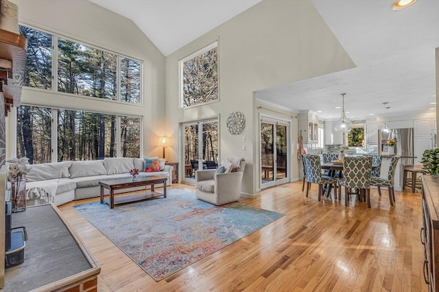 living room with a towering ceiling and light wood finished floors