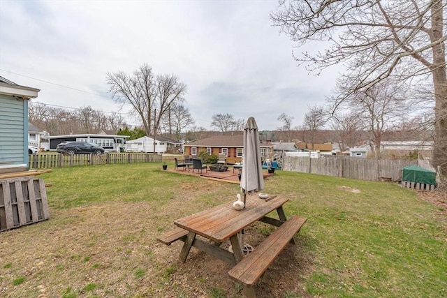 view of yard featuring a fenced backyard and a residential view