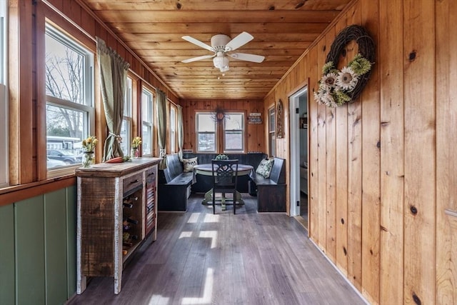 sunroom featuring wood ceiling, wood finished floors, and wooden walls