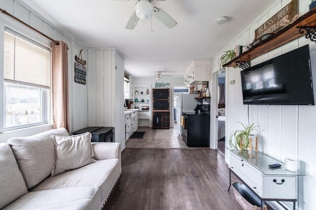 living area featuring a ceiling fan and dark wood-style flooring