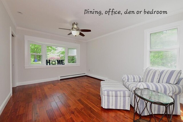 11 Winchester Ave, Bourne, MA 02532 - sitting room with baseboard heating, wood-type flooring, baseboards, ornamental molding, and ceiling fan
