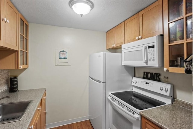 103 Grove St Unit 341, Rockland, MA 02370 - kitchen featuring white appliances, glass insert cabinets, dark wood-style floors, and a textured ceiling