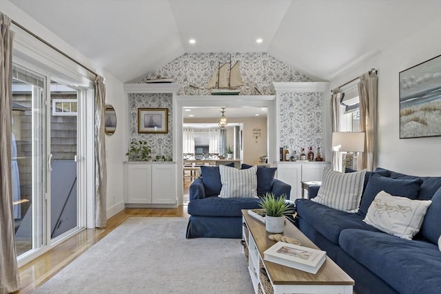 21 Grove St, Fairhaven, MA 02719 - living room with vaulted ceiling, light wood-type flooring, and wallpapered walls