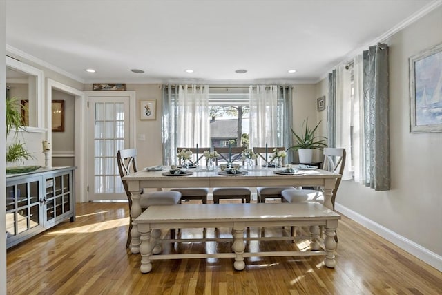21 Grove St, Fairhaven, MA 02719 - dining area with crown molding, baseboards, wood finished floors, and recessed lighting