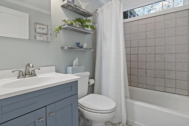 21 Grove St, Fairhaven, MA 02719 - full bathroom featuring toilet, ornamental molding, vanity, and shower / bath combo with shower curtain