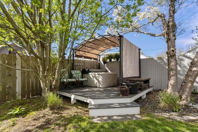 21 Grove St, Fairhaven, MA 02719 - wooden terrace featuring a hot tub and a fenced backyard