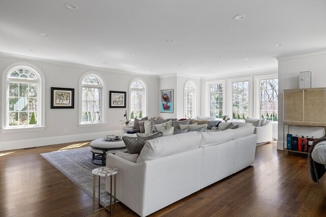 37 Radcliffe Rd, Newton, MA 02468 - living area featuring crown molding, baseboards, recessed lighting, and dark wood-style flooring