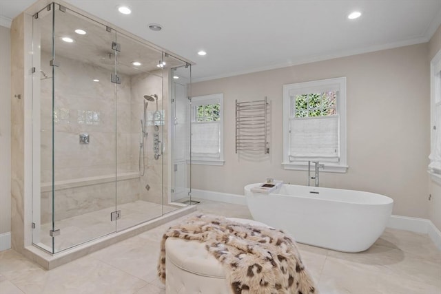 37 Radcliffe Rd, Newton, MA 02468 - full bathroom with crown molding, a freestanding bath, recessed lighting, baseboards, and a shower stall