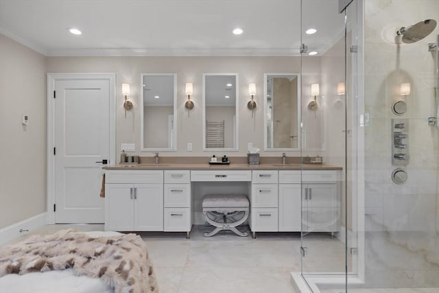 37 Radcliffe Rd, Newton, MA 02468 - full bath featuring crown molding, a sink, a stall shower, and double vanity