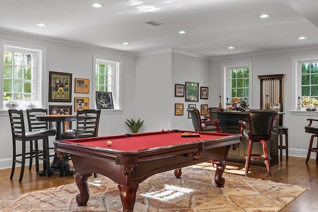 37 Radcliffe Rd, Newton, MA 02468 - rec room featuring visible vents, pool table, wood finished floors, ornamental molding, and recessed lighting