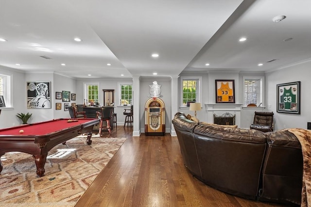 37 Radcliffe Rd, Newton, MA 02468 - rec room featuring crown molding, billiards, recessed lighting, and wood finished floors
