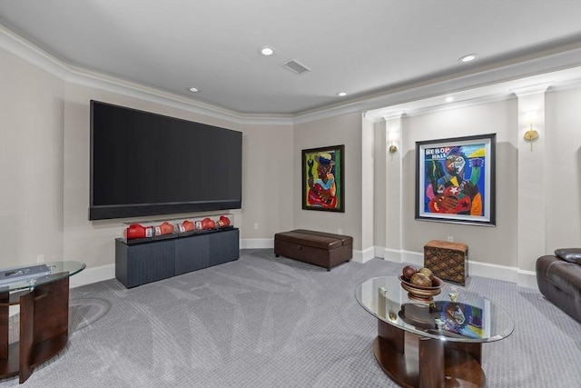 37 Radcliffe Rd, Newton, MA 02468 - carpeted living room featuring visible vents, recessed lighting, baseboards, and ornamental molding