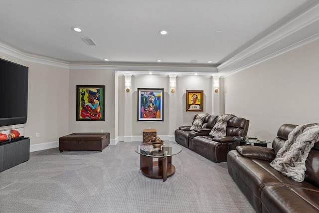 37 Radcliffe Rd, Newton, MA 02468 - carpeted living room with recessed lighting, baseboards, visible vents, and ornamental molding