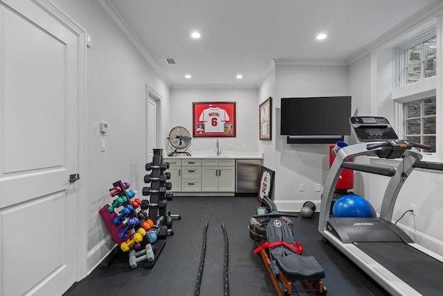 37 Radcliffe Rd, Newton, MA 02468 - exercise area featuring crown molding, recessed lighting, visible vents, and indoor wet bar