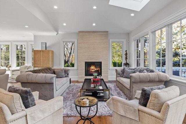 37 Radcliffe Rd, Newton, MA 02468 - living area featuring a skylight, a fireplace, recessed lighting, and wood finished floors