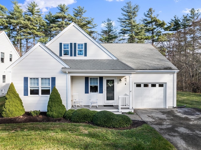 front of property with covered porch, a garage, and a front yard