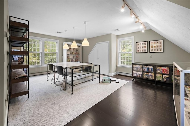 126 Arrow Head Rd, Marshfield, MA 02050 - game room with rail lighting, healthy amount of natural light, a baseboard radiator, wood finished floors, and vaulted ceiling